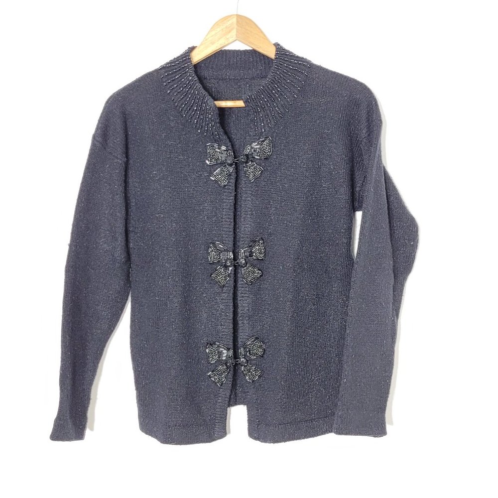 Vintage Womens Cardigan Sweater Fine Knit Beaded Button Detail Bows Long Sleeve - Picture 1 of 6